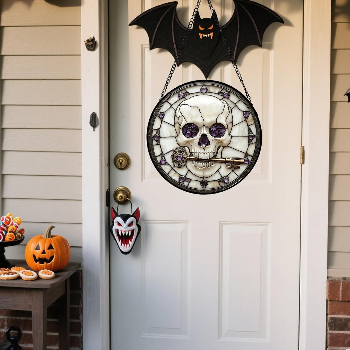 Stained Glass Window Hanging - Halloween Scary Skull Suncatcher for Doors Garden Home Spooky Purple Skeleton Key Sun Catchers Gothic Decor Horror Gifts for Women Men Friend Boy Girl 7.8 in