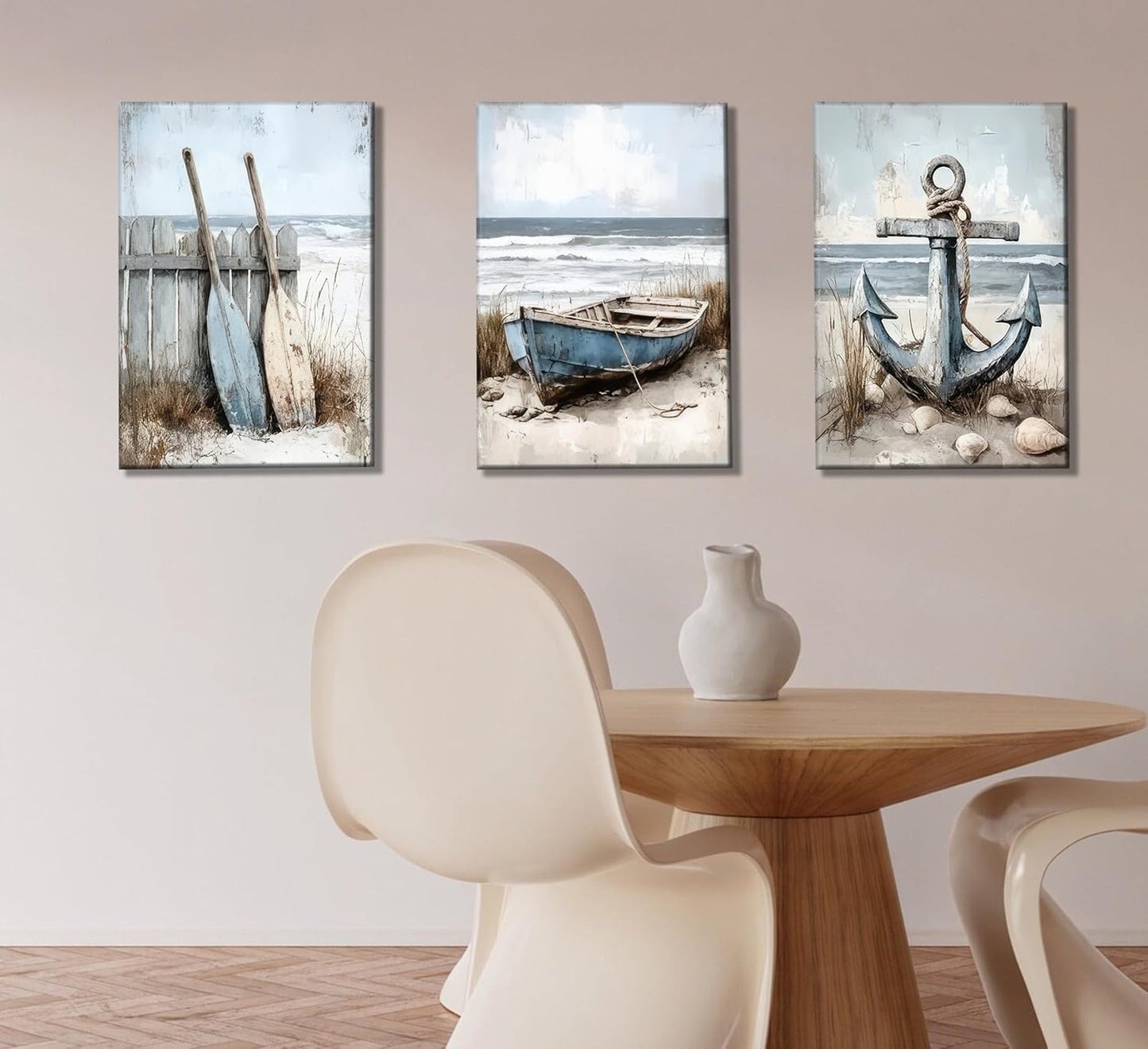 3Pcs Coastal Beach Canvas Wall Art Sailboat Paddle And Anchor Paintings Pictures Wall Decor Nautical Posters Prints Artwork Suitable for Living Room Bedroom Home Office Corridor Home Decroation