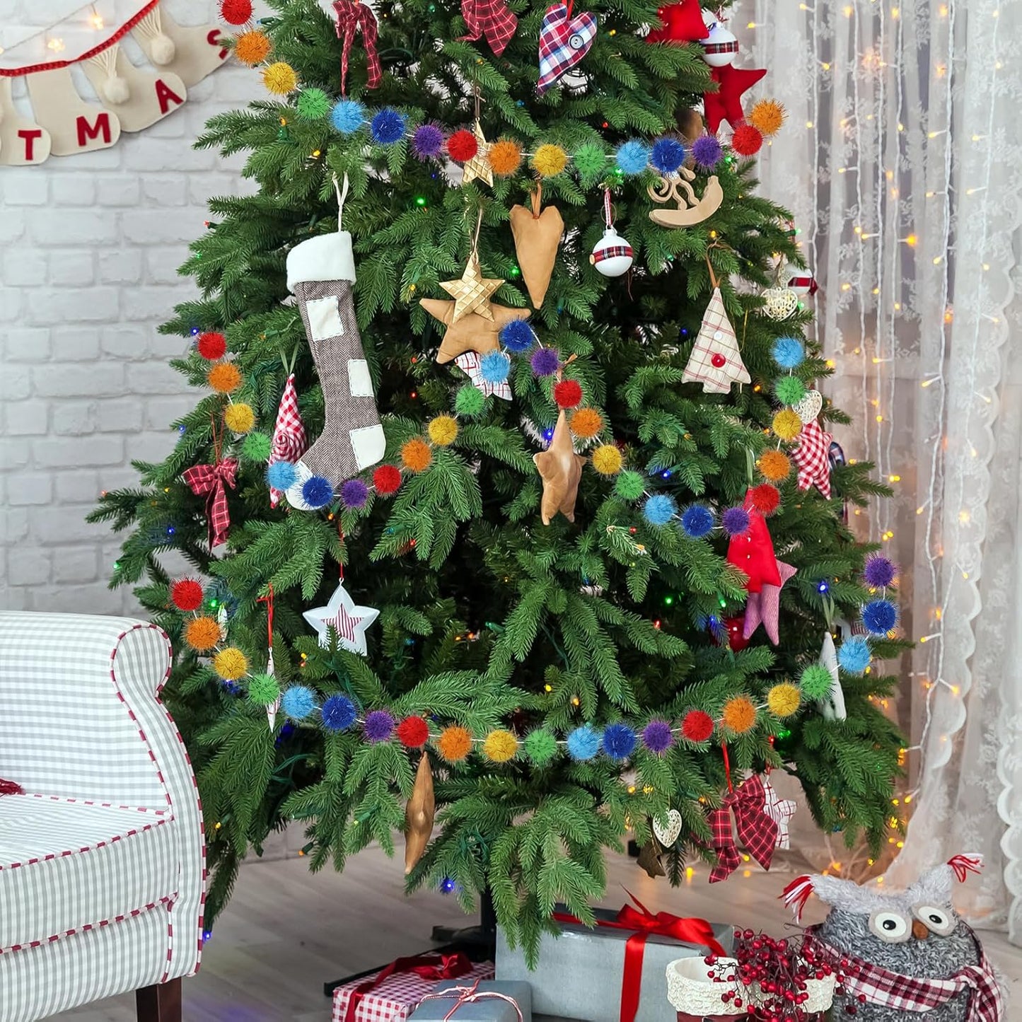 4pack Rainbow Glitter Pom Pom Garland Decorations, Christmas Felt Ball Garland for Mantle, Indoor Home Decor, Tree Ornaments, Kids Room and Party Hanging