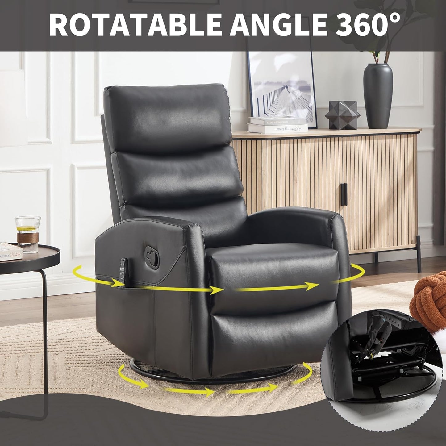 Manual Swivel Rocker Recliner Chair for Adults, Overstuffed Reclining Glider Chair for Nursing with Vibration Massage & Heat, Living Room Rocking Recliner 3-Stage backrest, Faux Leather Black