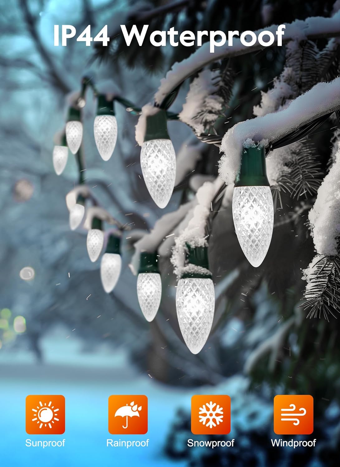 Brightown Outdoor Christmas Lights, 100 Ft C9 LED Commercial String Lights with Pure White Strawberry C9 Bulbs, Waterproof Connectable UL Certified C9 Lights for Indoor Yard Xmas Tree House Decor