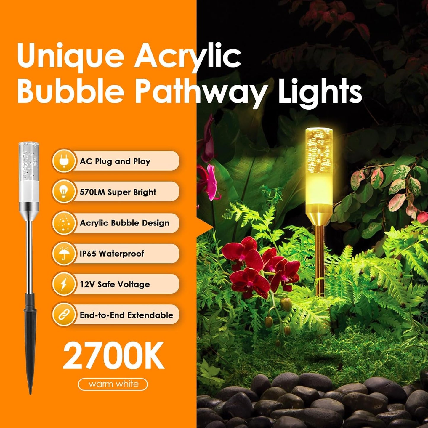 B-right LED Pathway Lights Outdoor, 6 Pcs Path Lights 570 Lumens AC Plug 12V Low Voltage Landscape Lighting, Extendable IP65 Waterproof Outdoor Garden Light for Patio Yard Walkway, Warm White 2700K