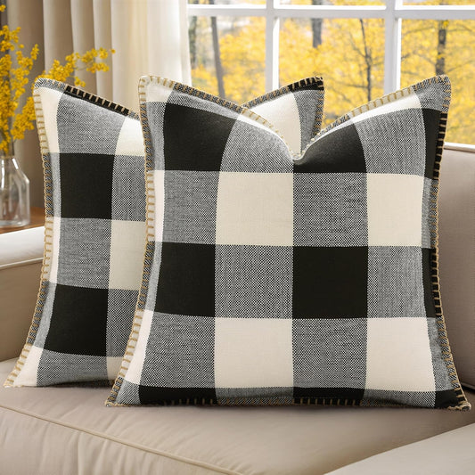 decorUhome Buffalo Plaid Check Throw Pillow Covers 22x22 Set of 2, Outdoor Decorative Farmhouse Neutral Pillow Covers with Stitched Edge for Bed Couch Sofa, Black and White