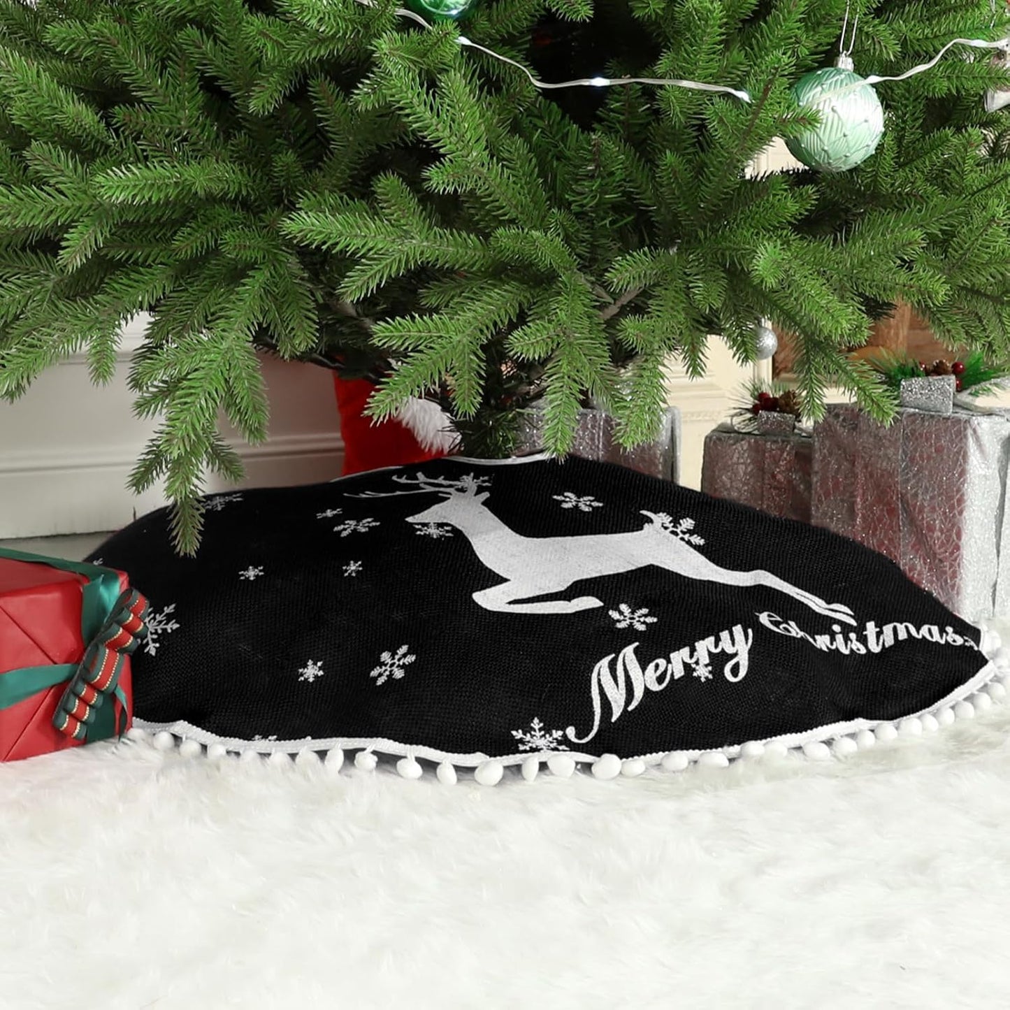 36 Inch Christmas Tree Skirt, Burlap Black Christmas Rustic Tree Skirt with Elk Deer and White Snowflake Printed for Holiday Party Xmas Tree Decoration