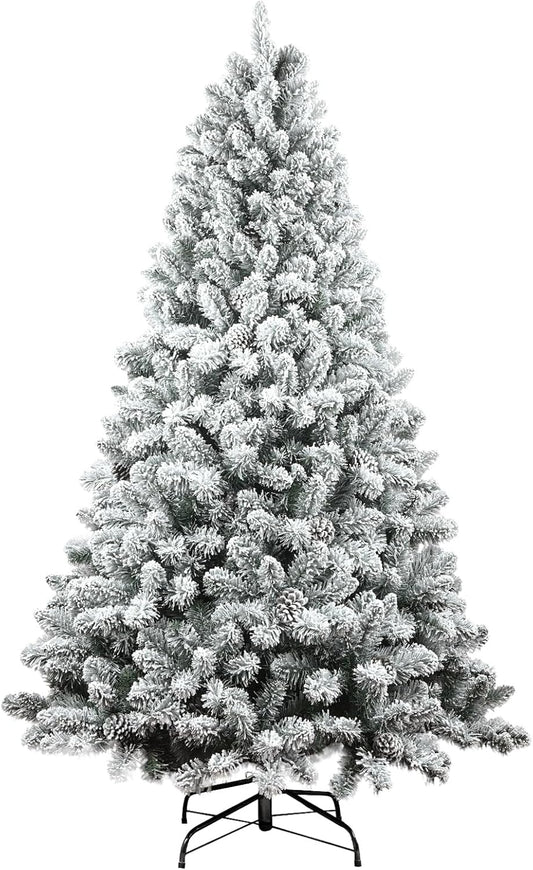 6ft Snow Flocked Christmas Tree, Unlit Artificial Holiday Christmas Pine Tree, Hinged Xmas Tree with Pine Cone, Full Appearance Snowy w/Easy Assembly, Metal Stand