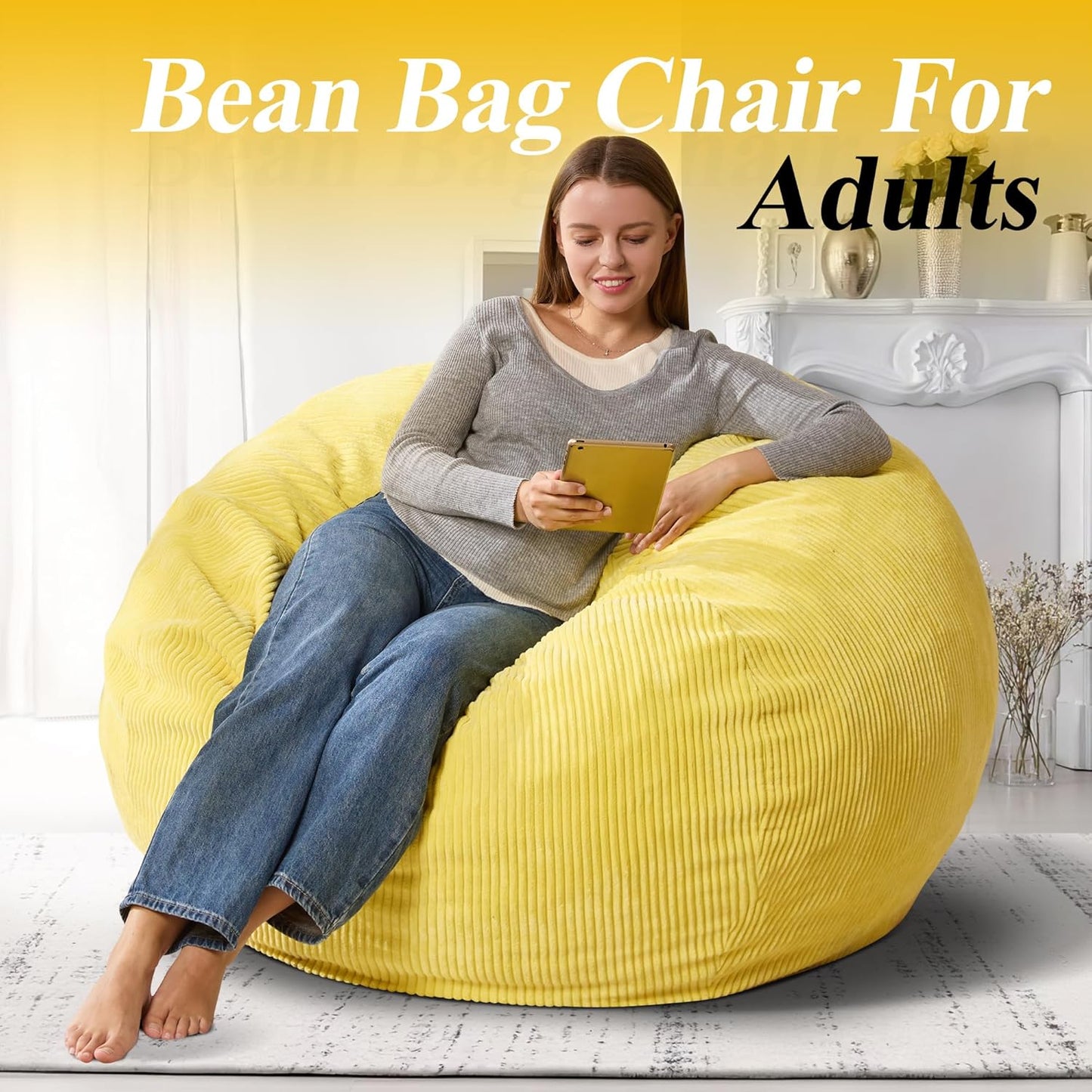 3.5FT Bean Bag Chairs Teardrop Bean Bag Chair for Adults Beanbag Chair with Memory Foam Filled Machine Washable Cover for Living Room, Bedroom (Large,Yellow)