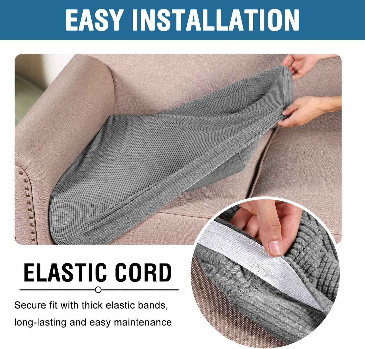 H.VERSAILTEX Super Stretch Individual Seat Cushion Covers - 3 Piece Sofa Cushion Covers in Dove, Thick Jacquard Textured Twill Fabric