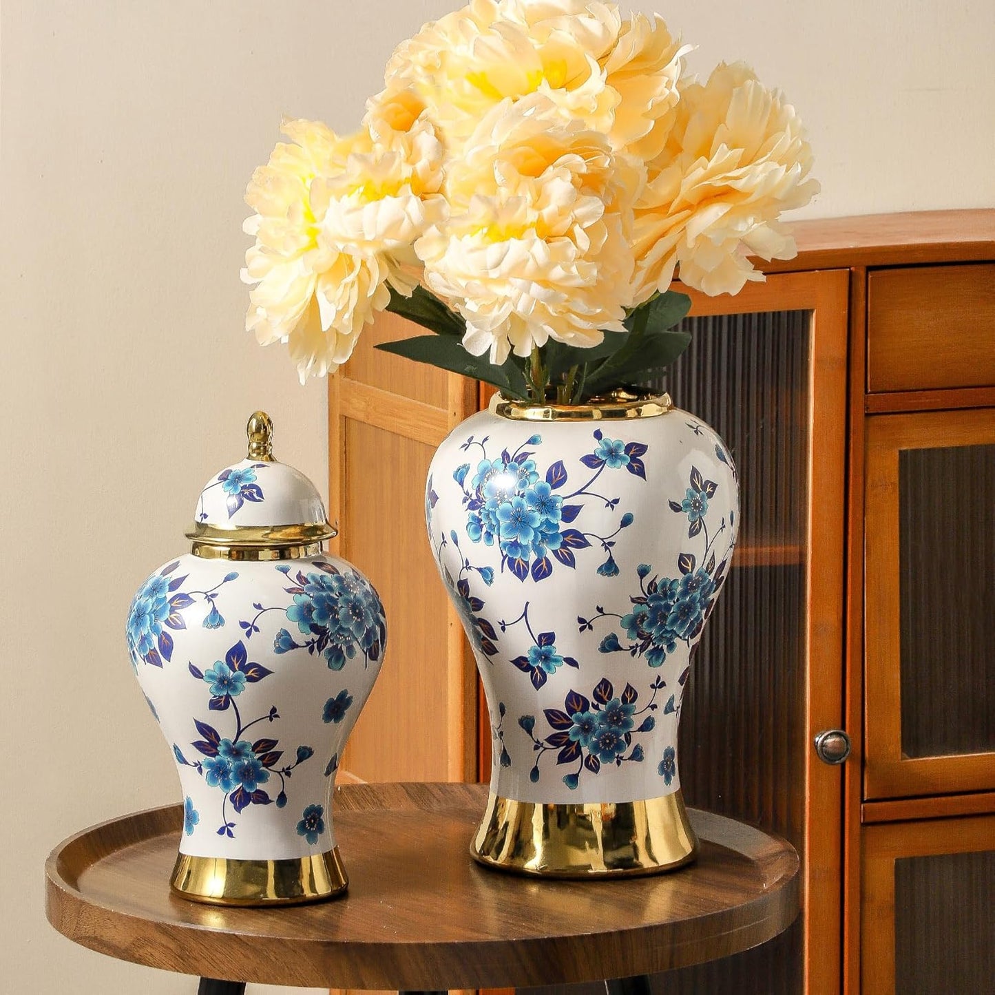 Ginger Jars for Home Decor, White and Gold Vase, Porcelain Ginger Jar Chinoiserie Blue and White Vase with Gold Trim and Floral Pattern, Ceramic Flower Vase for Home, Temple and Storage Jars(18in)