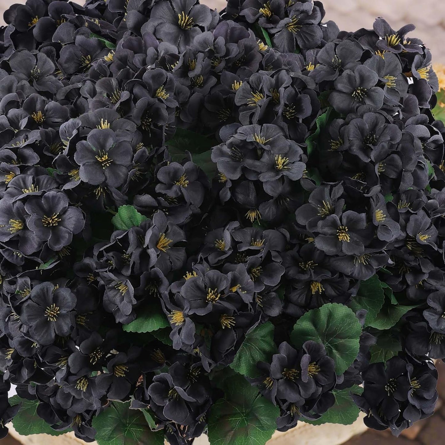 Hananona 6 Bundles Artificial Geranium Flowers for Outdoors Black Silk Geranium Flowers Outdoor UV Resistant Plants Faux Black Flower for Home Kitchen Halloween Table Centerpieces Decor (6, Black)
