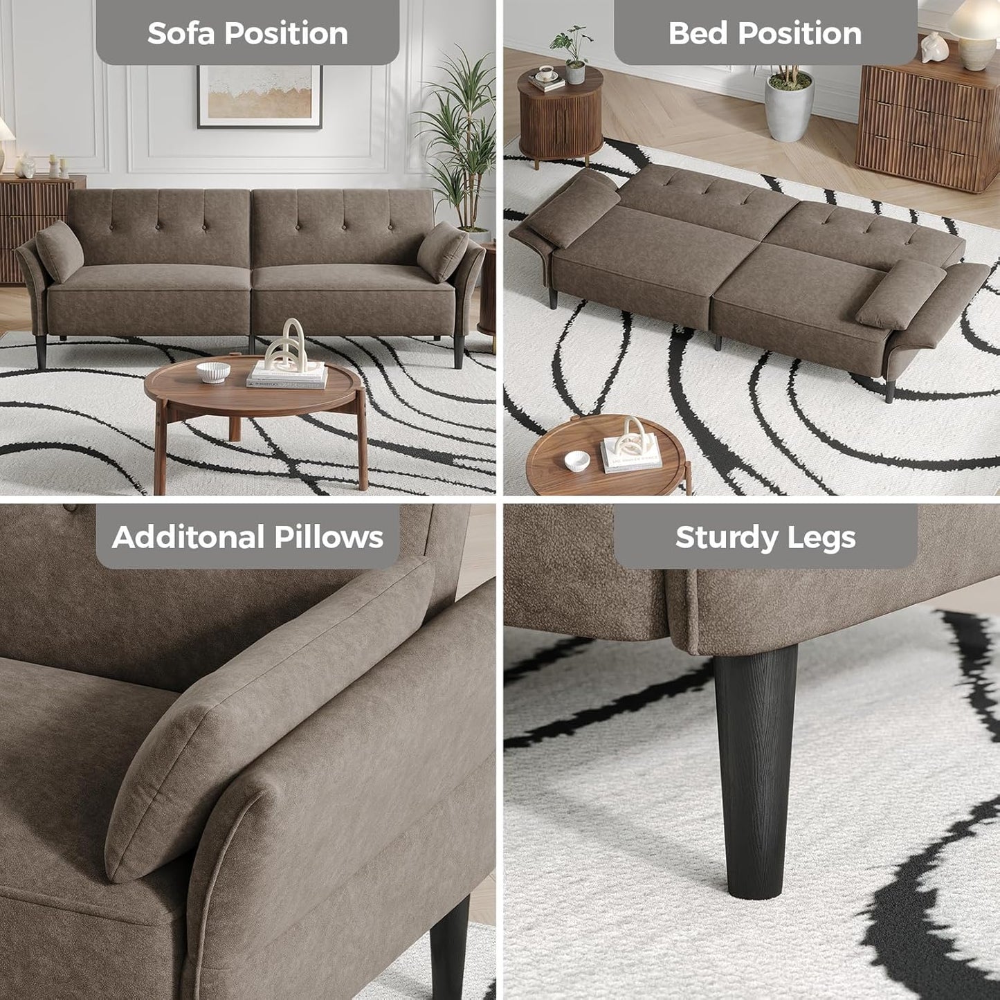 89” Futon Sofa Bed, Comfy Futon Couch Bed with 2 Square Pillows, Convertible Sleeper Sofa with Adjustable Backrest& Armrests, Modern Loveseat Sleeper for Living Room, Bedroom, Light Brown