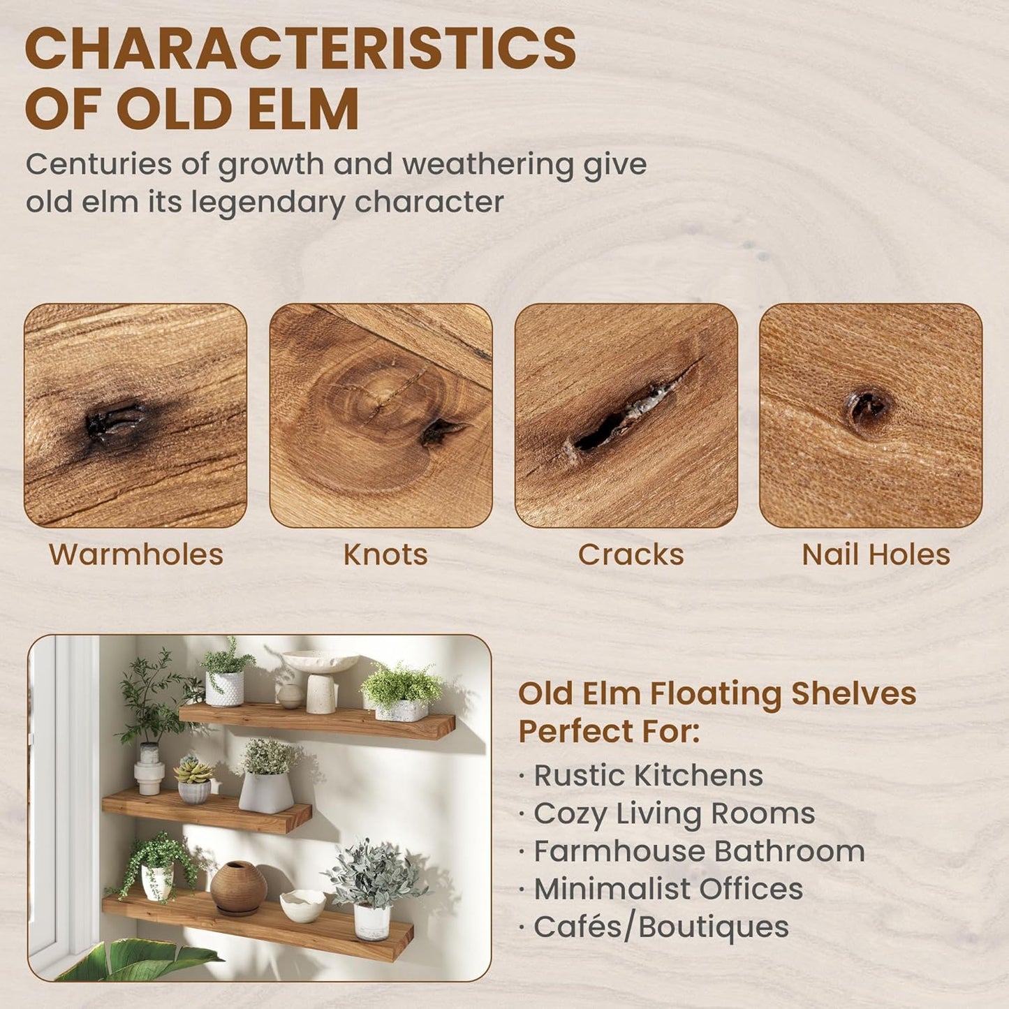 55" Floating Shelves for Wall, Rustic Elm Wood Floating Shelf for Home Decor, Wall-Mounted Display Shelves with Heavy-Duty Bracket, Long Floating Shelf for Bathroom, Kitchen, Natural Color