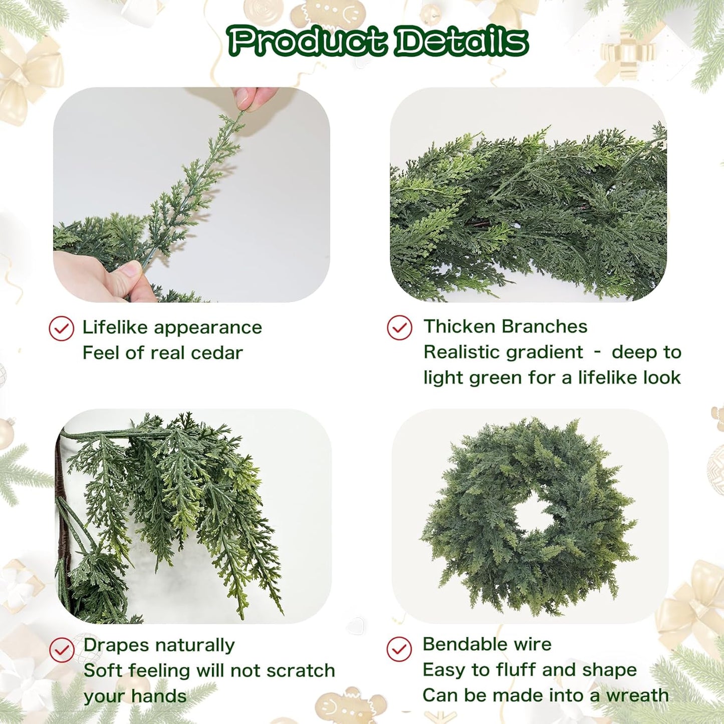 9FT Christmas Cedar Garland Artificial Real Touch Thickness Realistic Greenery Pine Garland for Mantle Fireplace Outdoor Indoor Christmas Decorations