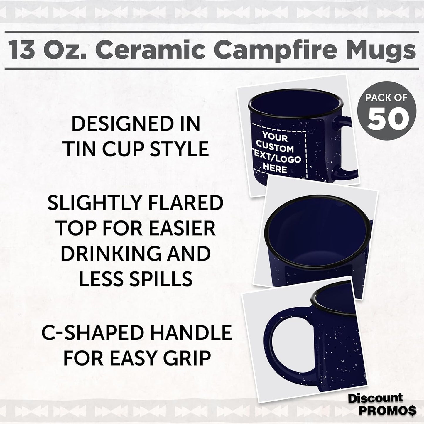 DISCOUNT PROMOS Custom Ceramic Campfire Coffee Mugs 13 oz. Set of 50, Personalized Bulk Pack - Perfect for Tea, Espresso, Cappuccino, Hot Cocoa - Blue