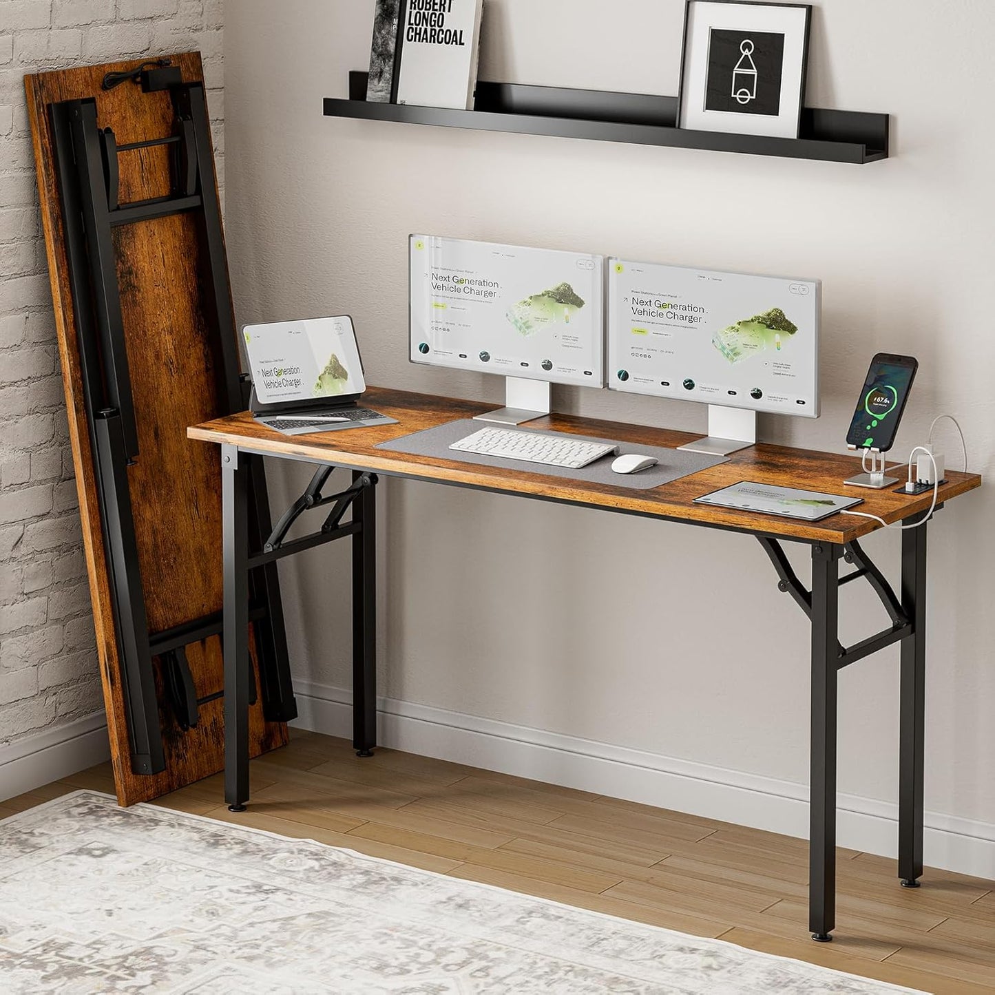 Frylr Small Folding Computer Desk – 55.1 Inch Portable Table for Craft and Study, Lightweight Desk for Small Spaces, Foldable Laptop Table Built-in AC/USB Outlets for Convenience, Rustic Brown