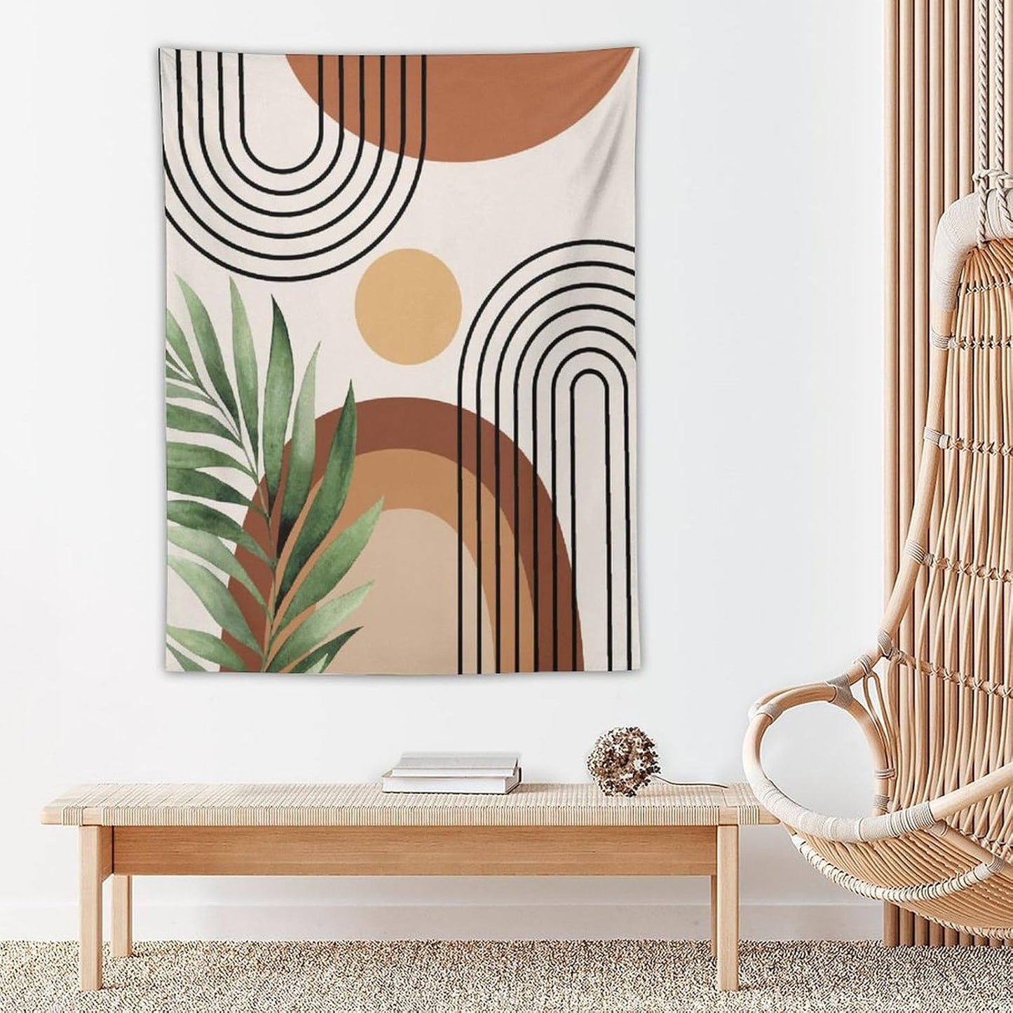 Abstract Bohemian Mid Century Tapestry, Tropical Leaves Modern Geometric Archway Minimalist Bohemian Botanical Aesthetic Wall Hanging, Sage Green Gold Home Decor Art for Bedroom 60x60 Inch
