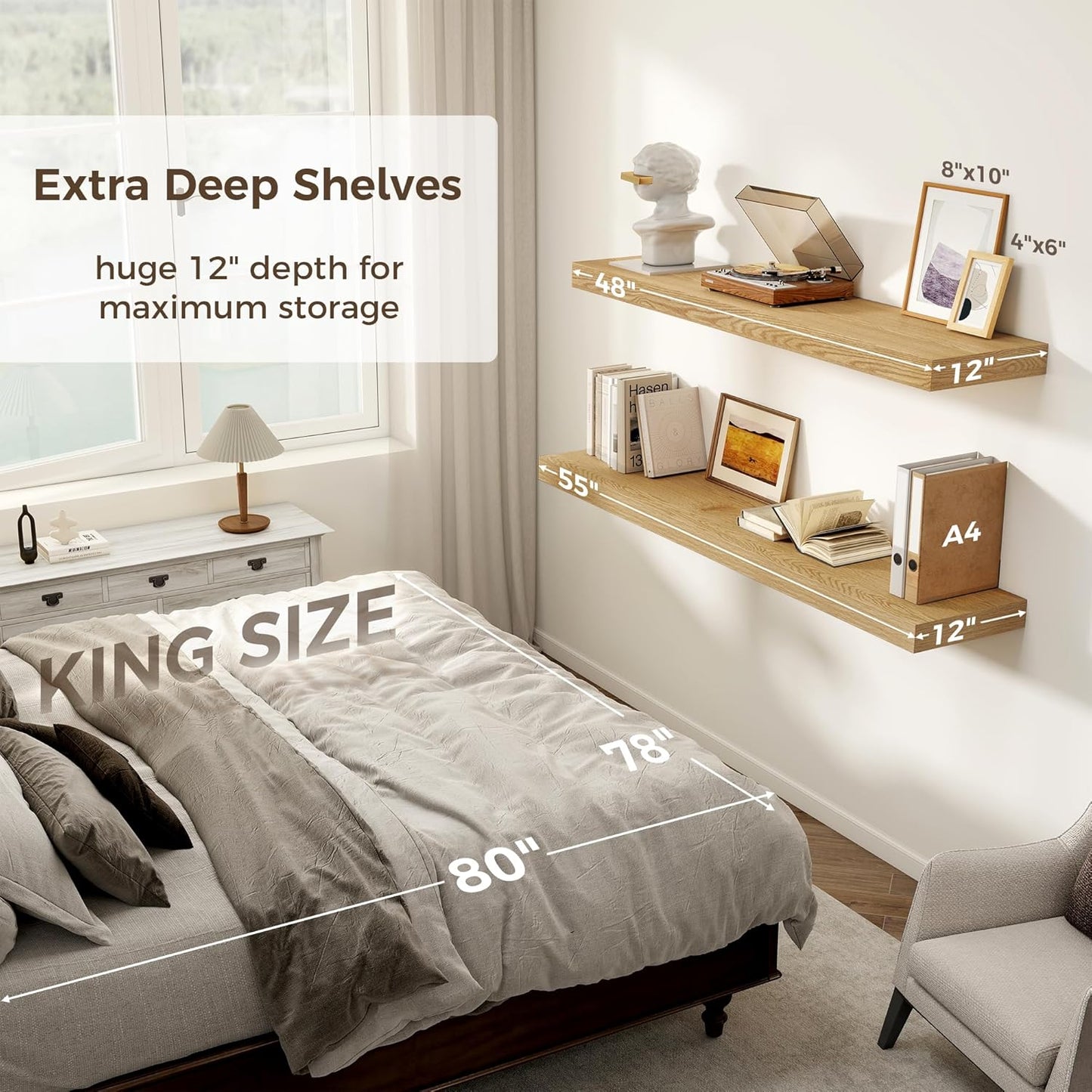 Fun Memories 55 Inch Floating Shelves, 12 Inch Deep Floating Shelf for Wall, 55 x 12 Large Floating Shelves for Fireplace Mantel, 2 Inch Thick Wall Shelf for Living Room, Bedroom, Oak Color, 1 Pack