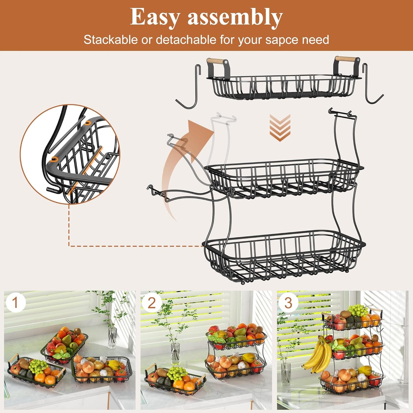 3 Tier Fruit Basket for Kitchen Counter, Fruit Bowl with 2 Banana Hooks Mesh Top, Multifunctional Detachable Sturdy Kitchen Storage Organizer for Vegetables Snacks Onion Potato, Black