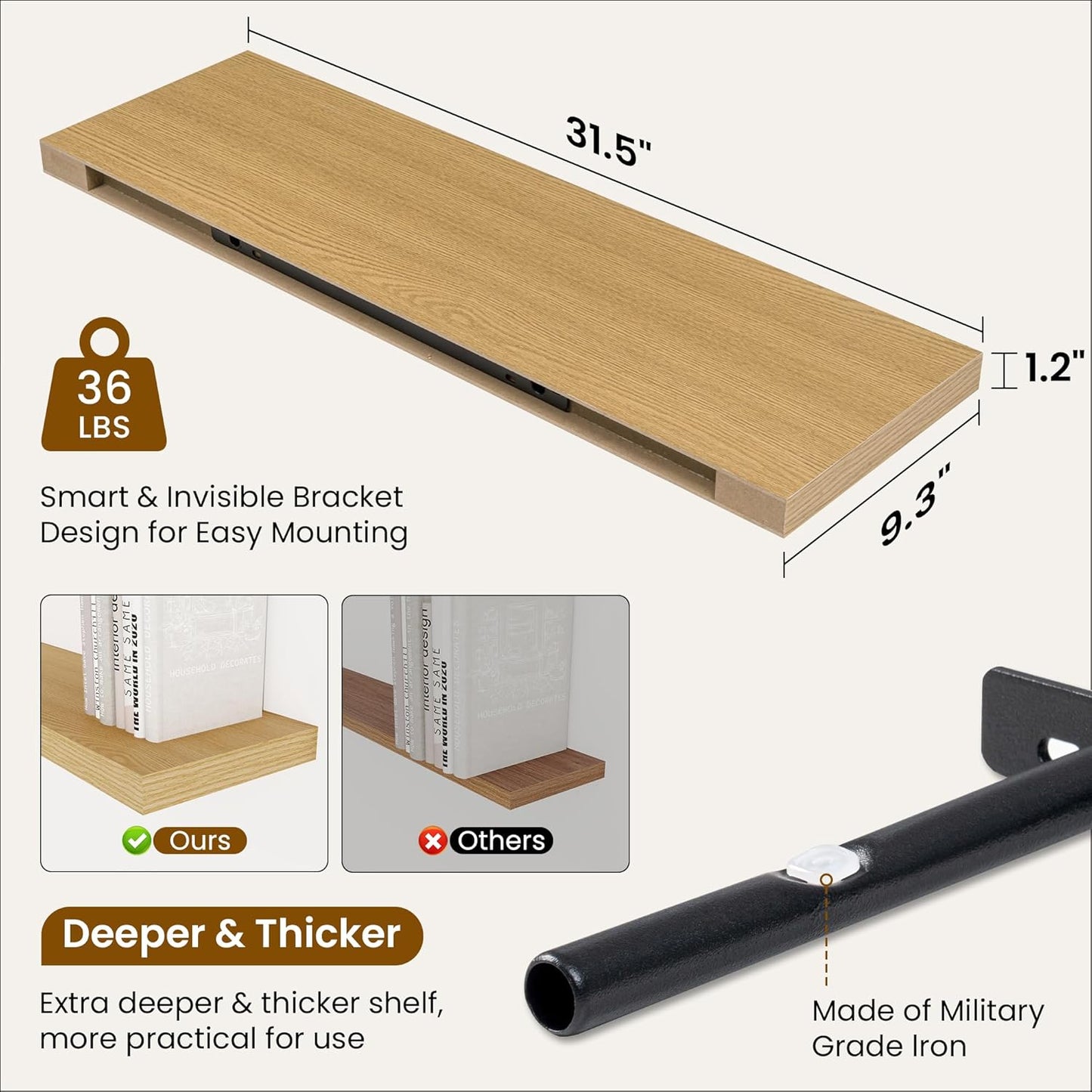 Fun Memories Floating Shelves for Wall, 32 Inch Rustic Wood Wall Mounted Shelves for Bathroom, Bedroom, Kitchen, Living Room, Deep Floating Shelves for Storage & Home Decor (Oak, Set of 2)