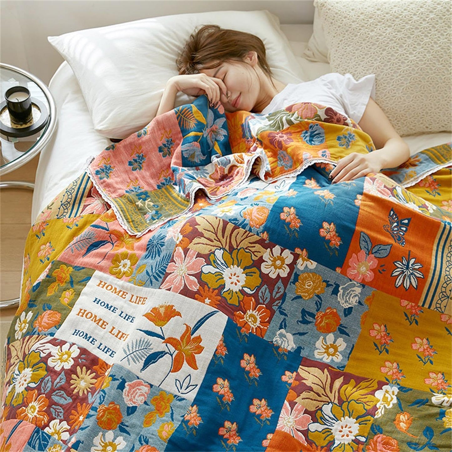 Throw Blanket for Couch Bed, 100% Cotton Muslin 60''x80'' Travel Bed Blankets Mexican Boho Quilt Flowers Blanket Lightweight Blanket Soft Warm Throws Gifts for Women Mom