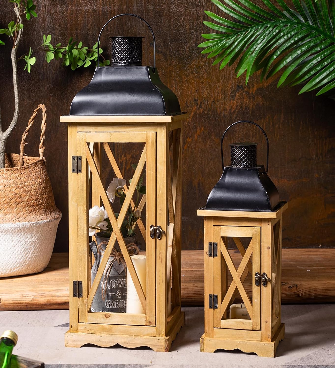 Farmhouse Wooden Metal Candle Lantern Set of 2, Rustic Large Decorative Floor Lanterns, Indoor/Outdoor Hurricane Lantern for Home Decor (No Glass)