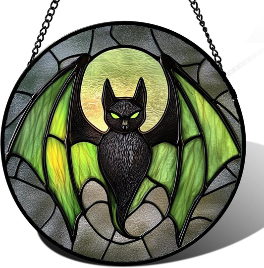 Stained Glass Window Hanging - Halloween Black Bat Green Wings Monster Suncatcher for Doors Garden Home Spooky Sun Catchers Gothic Decor Horror Gift for Women Men Friend Boy Girl 6.3 in