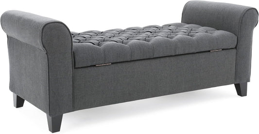 Christopher Knight Home Keiko Fabric Armed Storage Bench, Dark Grey, 19.50”D x 50.00”W x 19.25”H