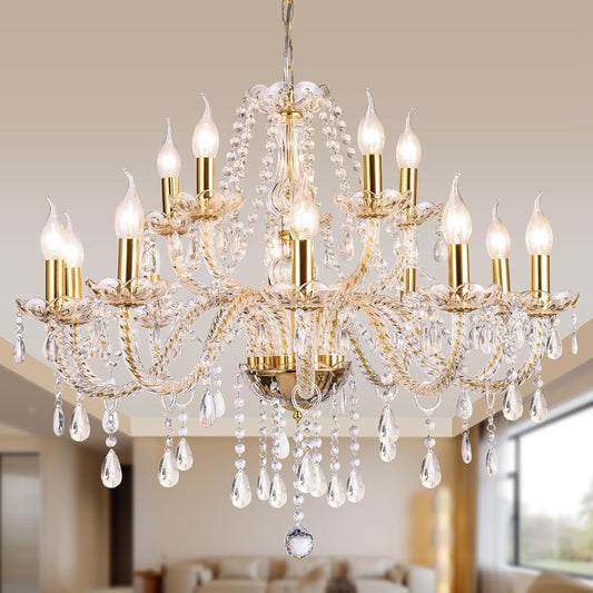 Modern Elegant 15 Lights K9 Crystal Glass Chandelier Golden Pendant Ceiling Lighting European Style for Dining Living Room Bedroom Transparent,15 E12 Bulbs Required