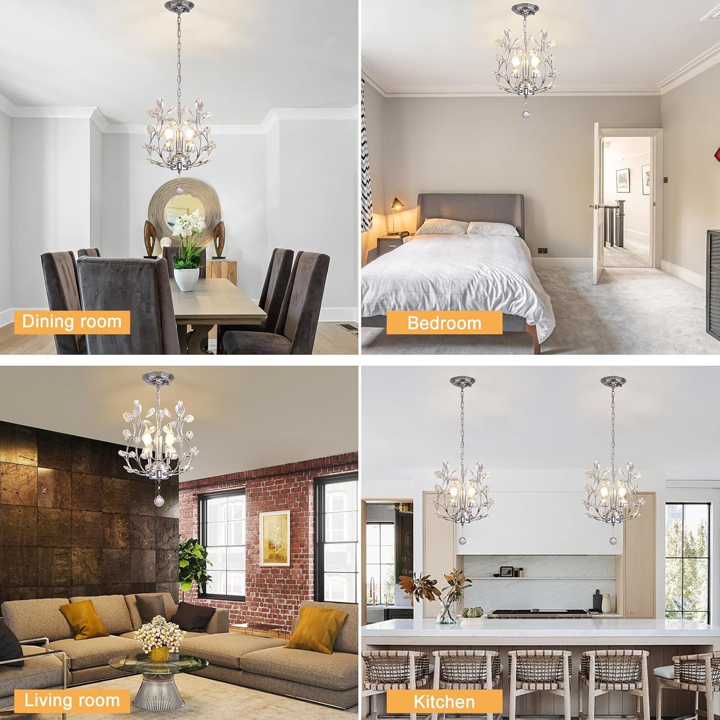 Ganeed 3-Light Branch Crystal Chandelier, Small Flush Mount Vintage Pendant Hanging Lighting, K9 Crystal Farmhouse Ceiling Light for Dining Room Bedroom Living Room Kitchen Hallway, Chrome Silvery