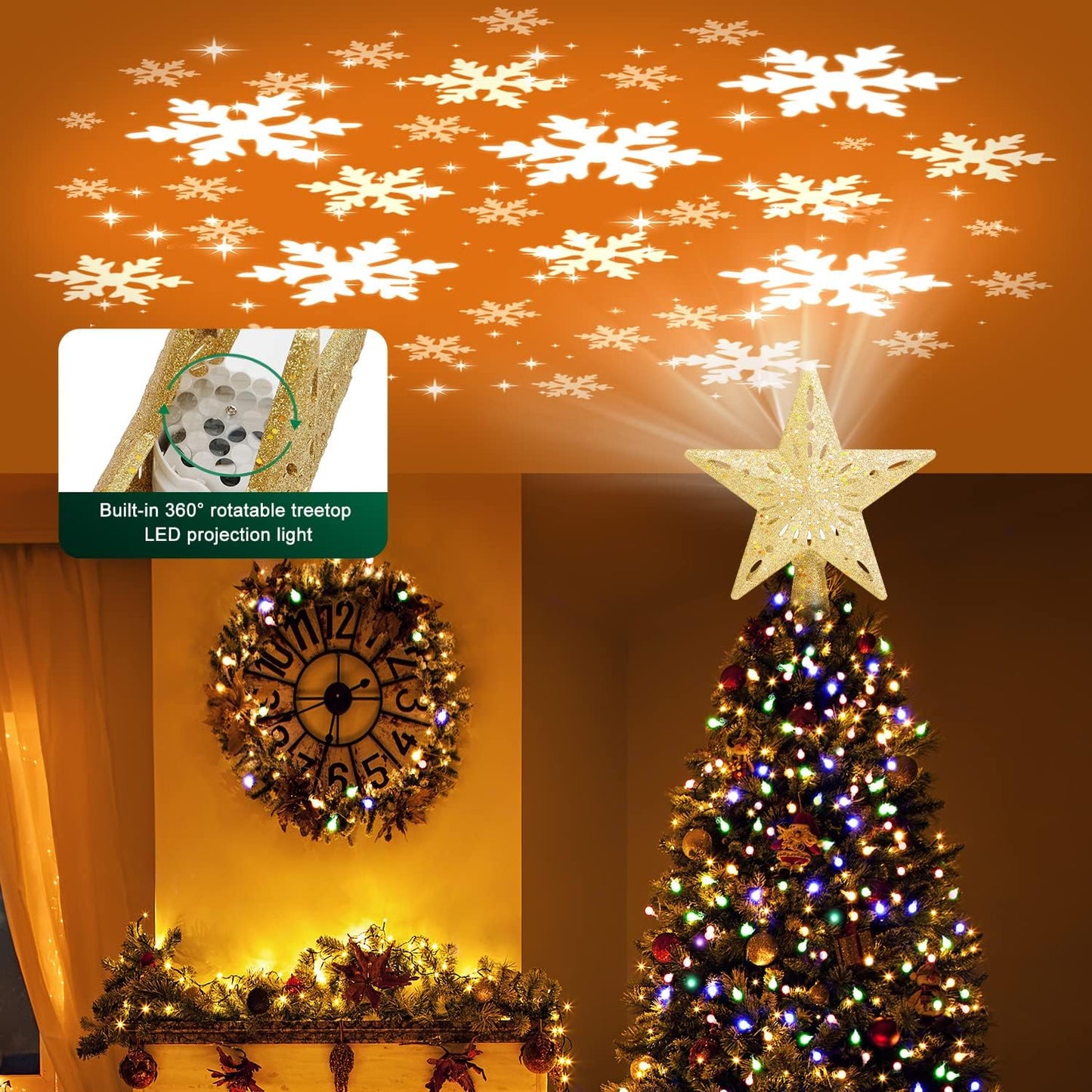 Kesfitt Christmas Tree Topper Star Lighted with 6 Projection Modes,Christmas Star Tree Topper with LED Rotating Lights,Gold Tree Topper 3D Glitter Dynamic Projection for Xmas Party Holiday Decorations