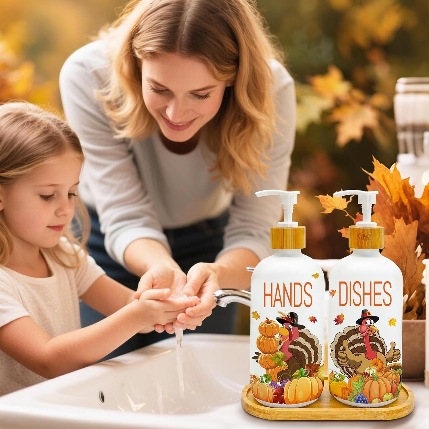 Hexagram Thanksgiving Decorations Indoor, Thanksgiving Kitchen Soap Dispenser Set of 2, Turkey Glass Soap Dispenser for Home Decor, Turkey Refillable Lotion Essential Oil Dispensers with Pump