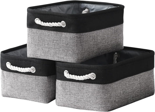 TheWarmHome Storage Basket for Organizing - 14x10x7 inch Medium 3 Pack Collapsible Storage Bin for Shelves with Rope, Fabric Storage Cubes for Organizer Cloth Gift Toy Closet (Black & Grey)
