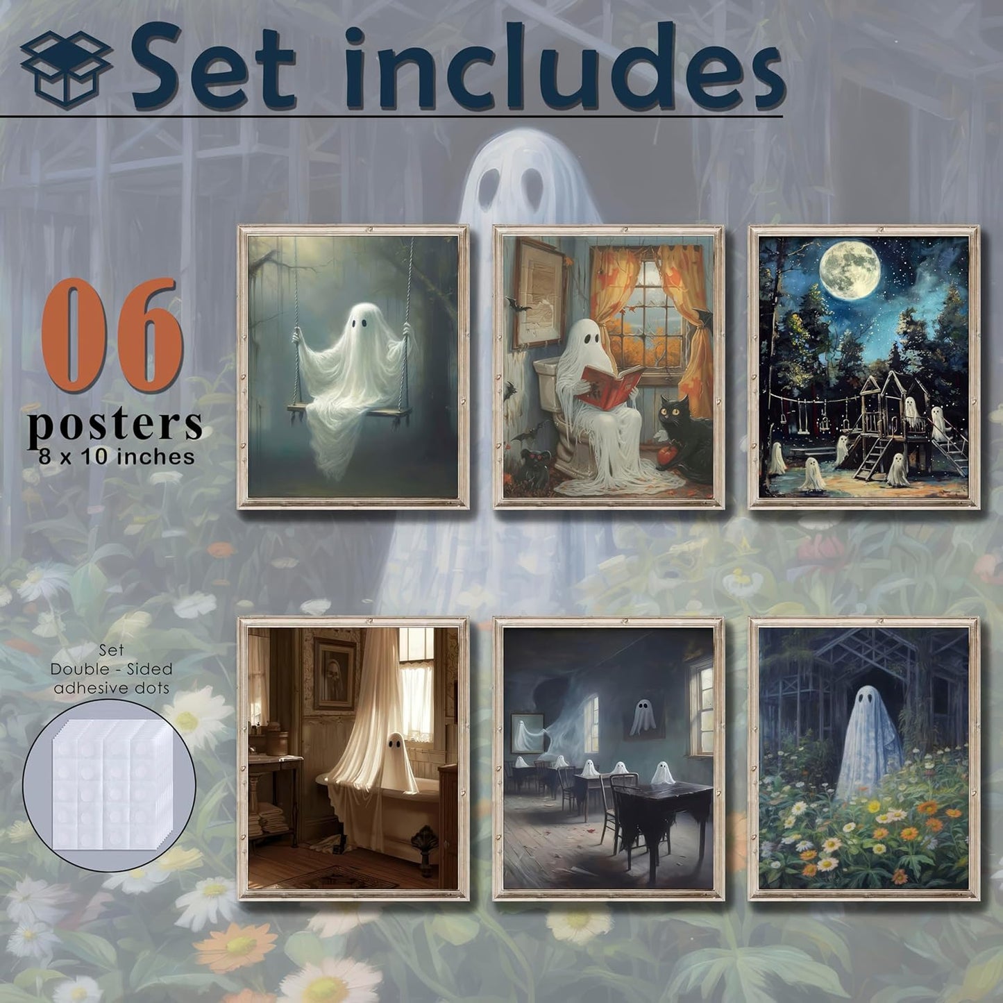 LANCHI95 6 Pcs 8x10in Halloween Wall Art Prints, Vintage Posters, Cute Ghost Pictures for Bedroom Decor (UNFRAMED)
