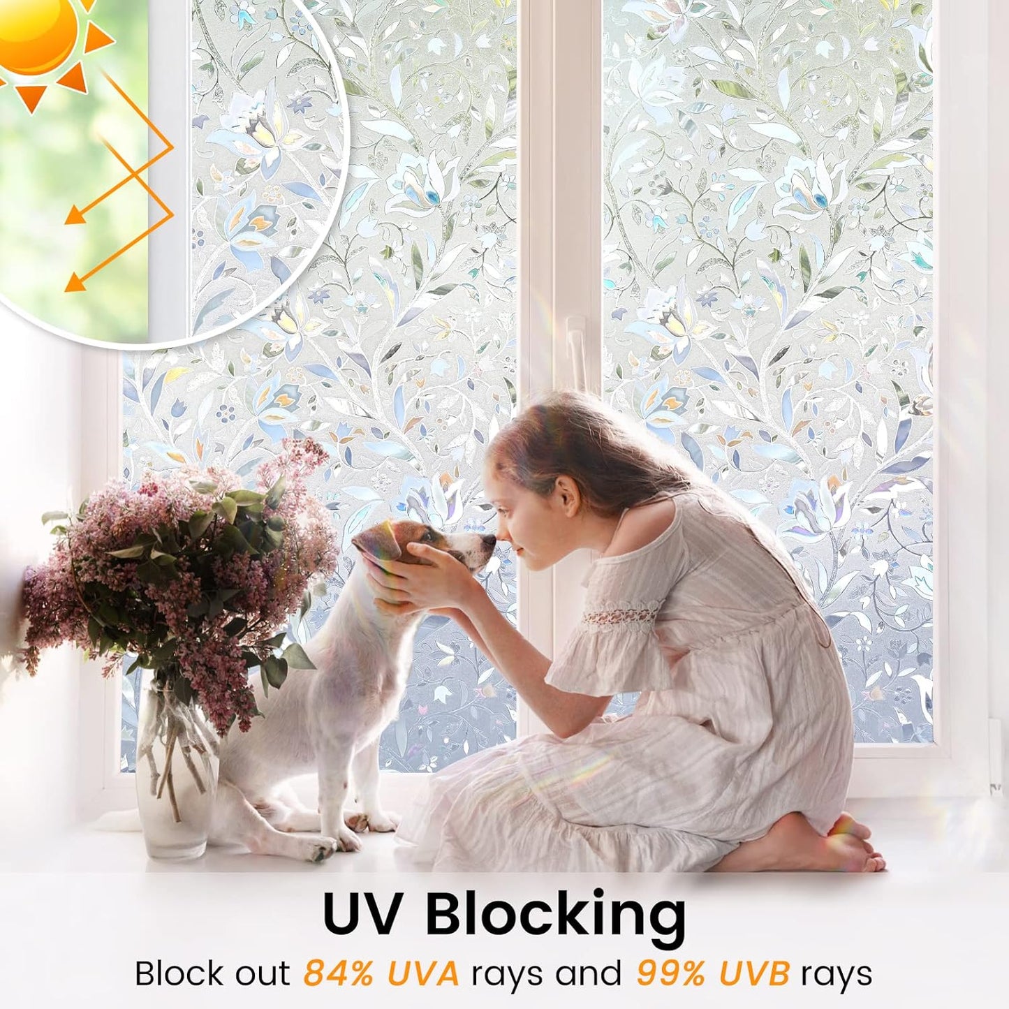 DOWELL Window Privacy Film, 3D Stained Glass Rainbow Films, Decorative Window Vinyl Sun Blocker Door Covering, Static Cling Non-Adhesive Glass Sticker for Home, Blooming Flowers, 23.6"x157.4"