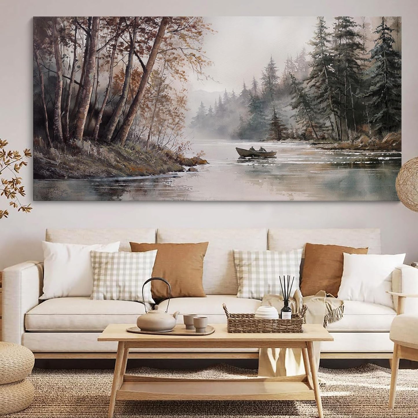 HGUAOA Mountain Canvas Wall Art Rustic Lake Landscape - Nature & Forest Scenery Paintings Pictures for Living Room & Bedroom Wall Decor Vintage Artwork for Walls