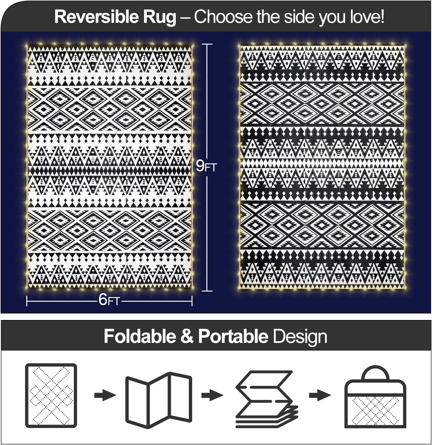 6x9ft Waterproof Outdoor Rug with LED Lights, Bohemia Reversible Plastic Straw Mat for Patio RV Camping Picnic Balcony Beach Deck Indoor Outdoor Carpet, Black&White