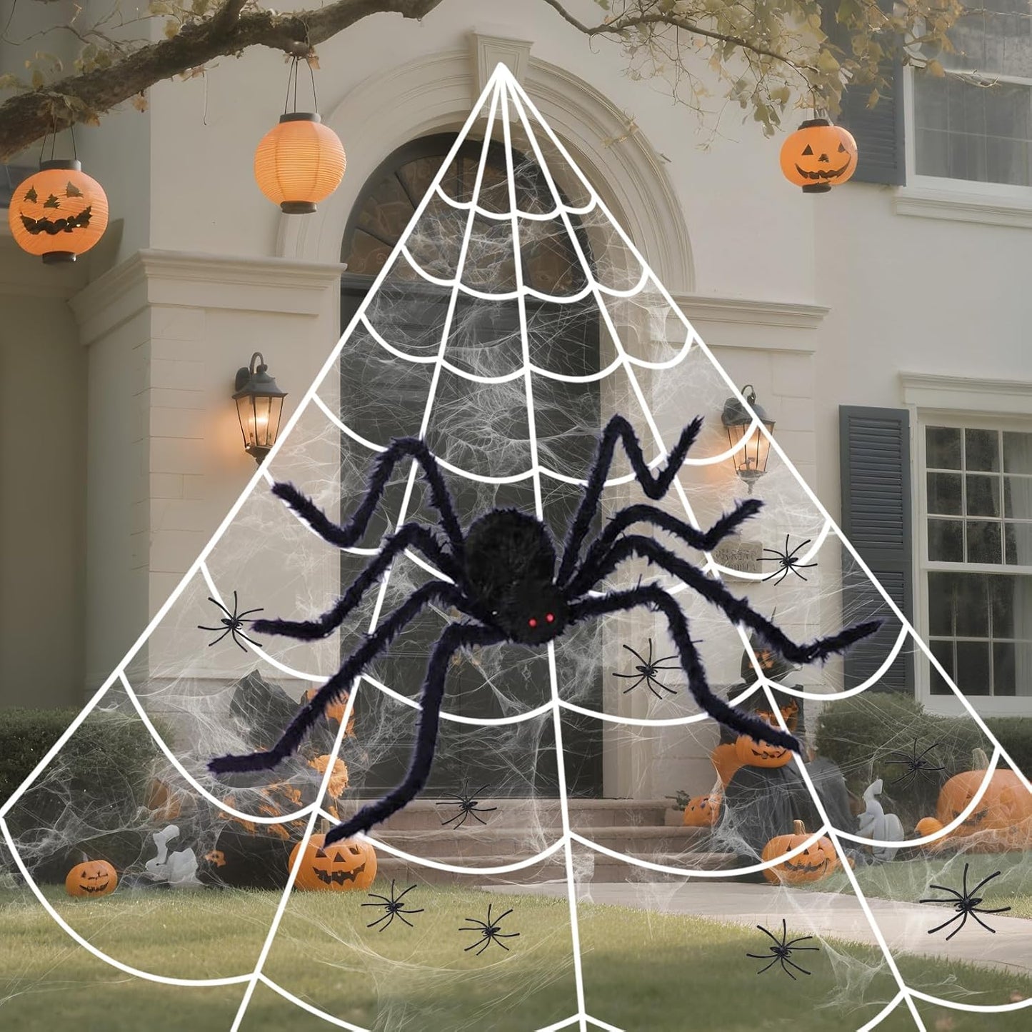 16.4 X 15.8Ft Giant Spider Web Halloween Decorations with 250 LED Lights, Halloween Spider Web Outdoor with 5Ft Large Spider, 3.53 Oz Stretch Web and 20 Small Spiders for Yard House Party Decoration