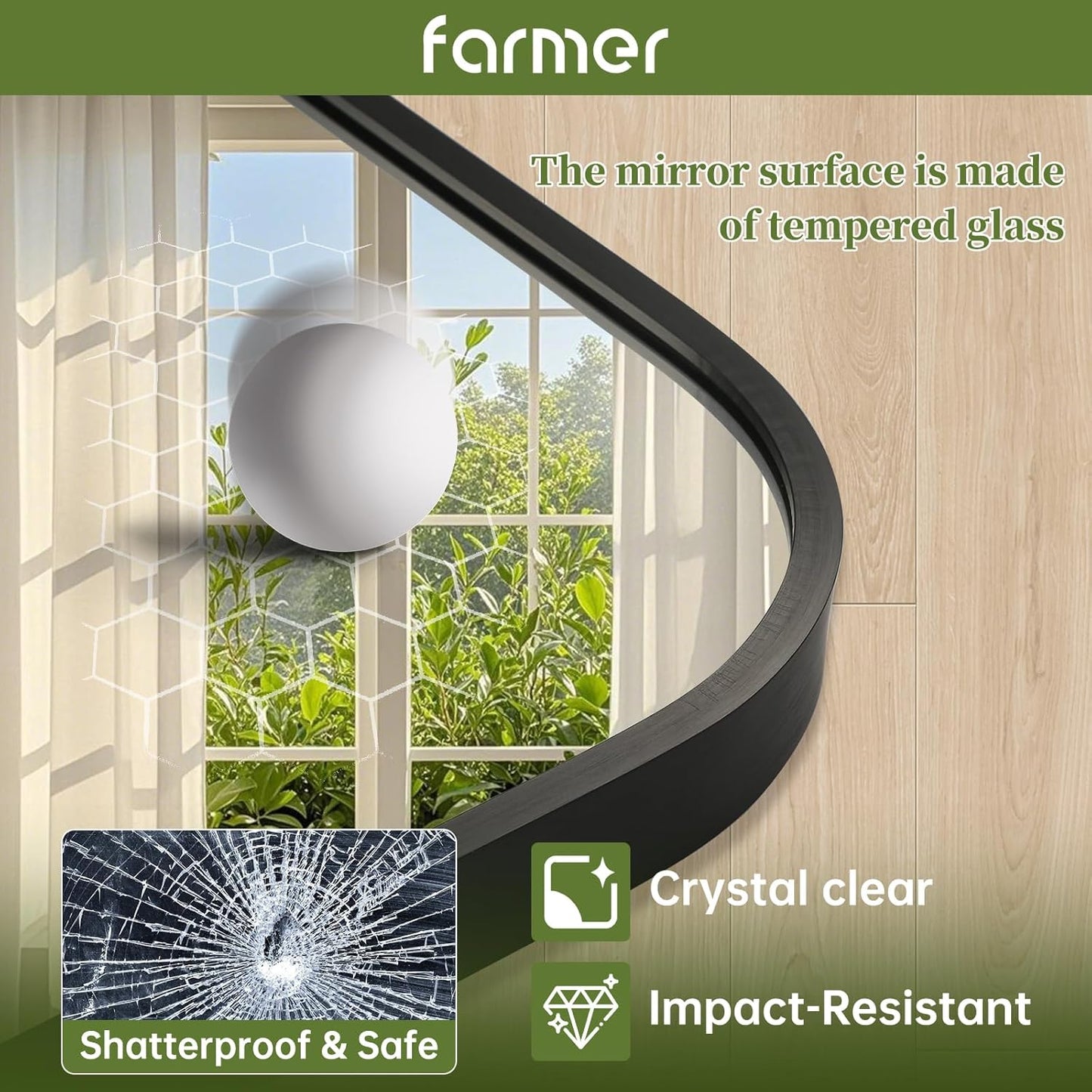 FARMER 22x30 Inch Black Bathroom Mirror, Rectangle Vanity Mirror, Brushed Mirrors for Wall, Metal Frame Hanging Mirror with Round Corner for Bedrooms, Entryways, Living Rooms, Horizontal/Vertical