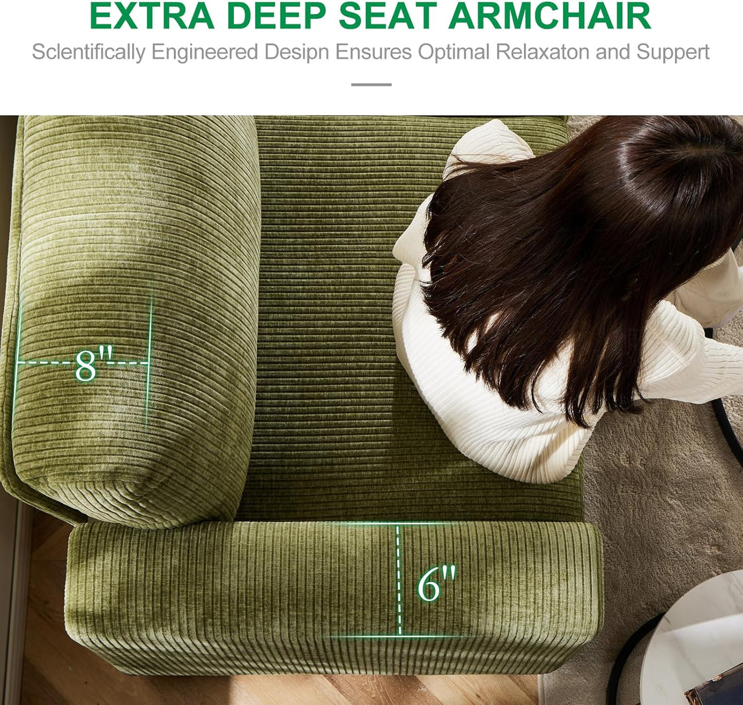 38.5 Oversized Accent Chair with Storage Green Corduroy, Single Modern Accent Sofa Chair with Arms for Apartment Living Room (21" Deep Seat)