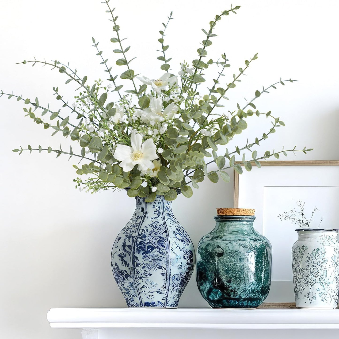 48Pcs Faux Eucalyptus Stems, 15" Artificial Eucalyptus Plants with White Frosted Coating, Fake Eucalyptus Decor Plastic Greenery Leaves for Wedding Bouquets Home Decor DIY Floral Arrangements