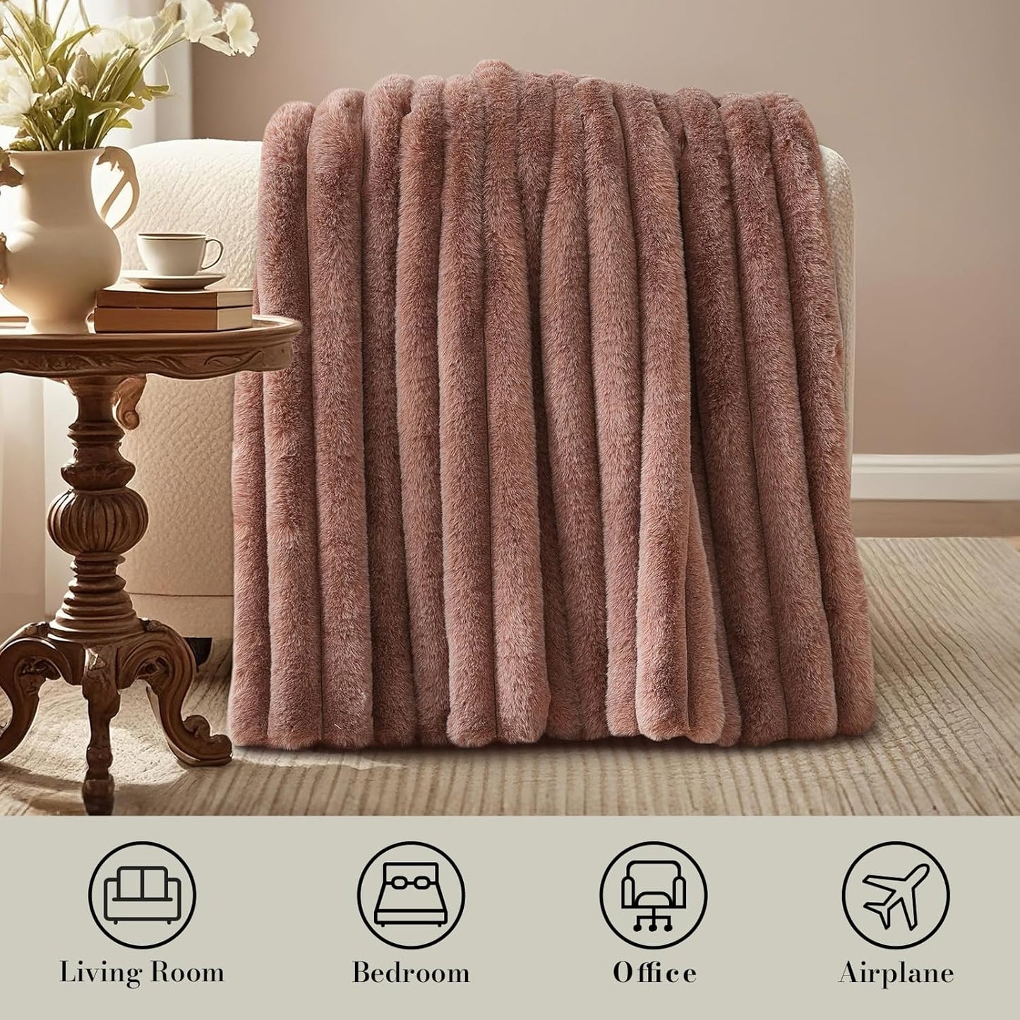 Amélie Home Faux Fur Throw Blanket for Couch, Ultra Cozy Fuzzy Fluffy Fur Luxurious Soft Striped Plush Gift Blankets for Family Sofa Chair Bed Living Room Bedroom, 55"x70", Ionic Fox Brown