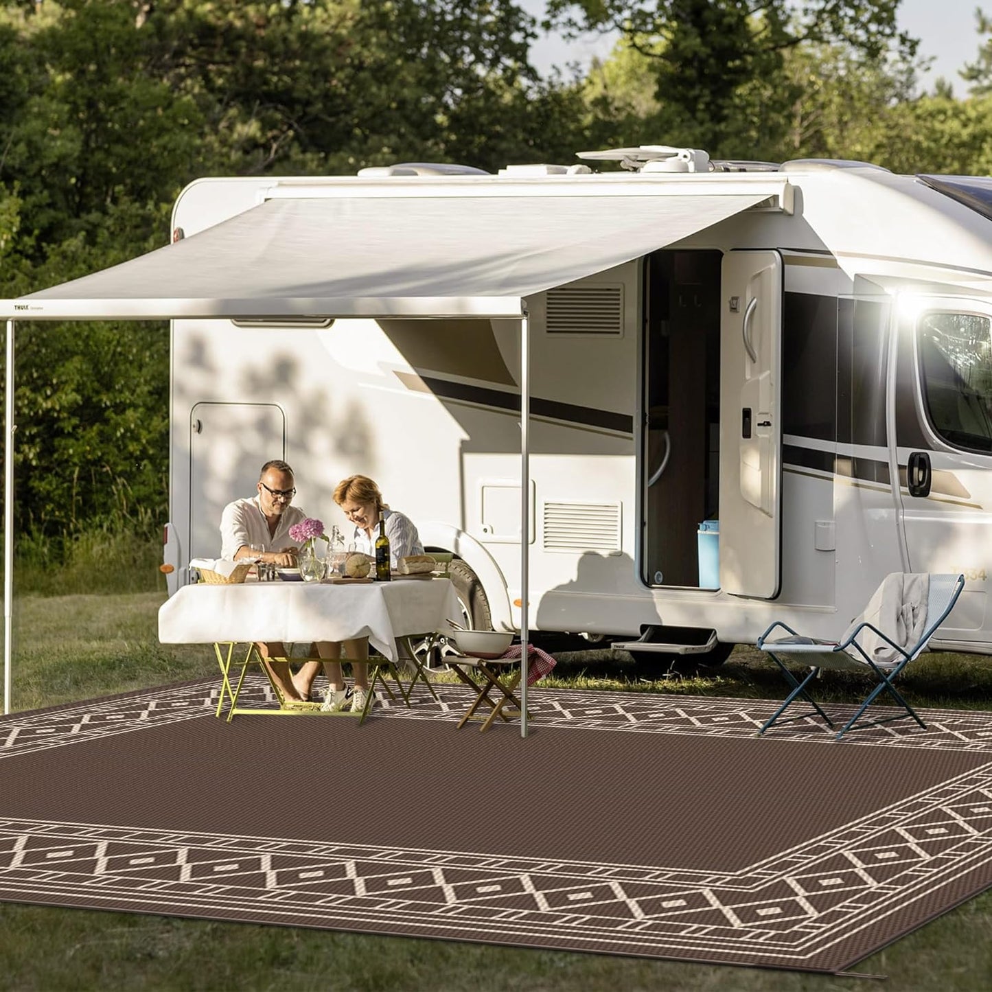 GENIMO Outdoor Rug Waterproof for Patio, 10'x14' Foldable Reversible Plastic Straw Carpet for Travel Trailers, Outside Area Mat for Rv, Deck, Picnic, Porch, Camper, Balcony, Beach, Coffee & Beige
