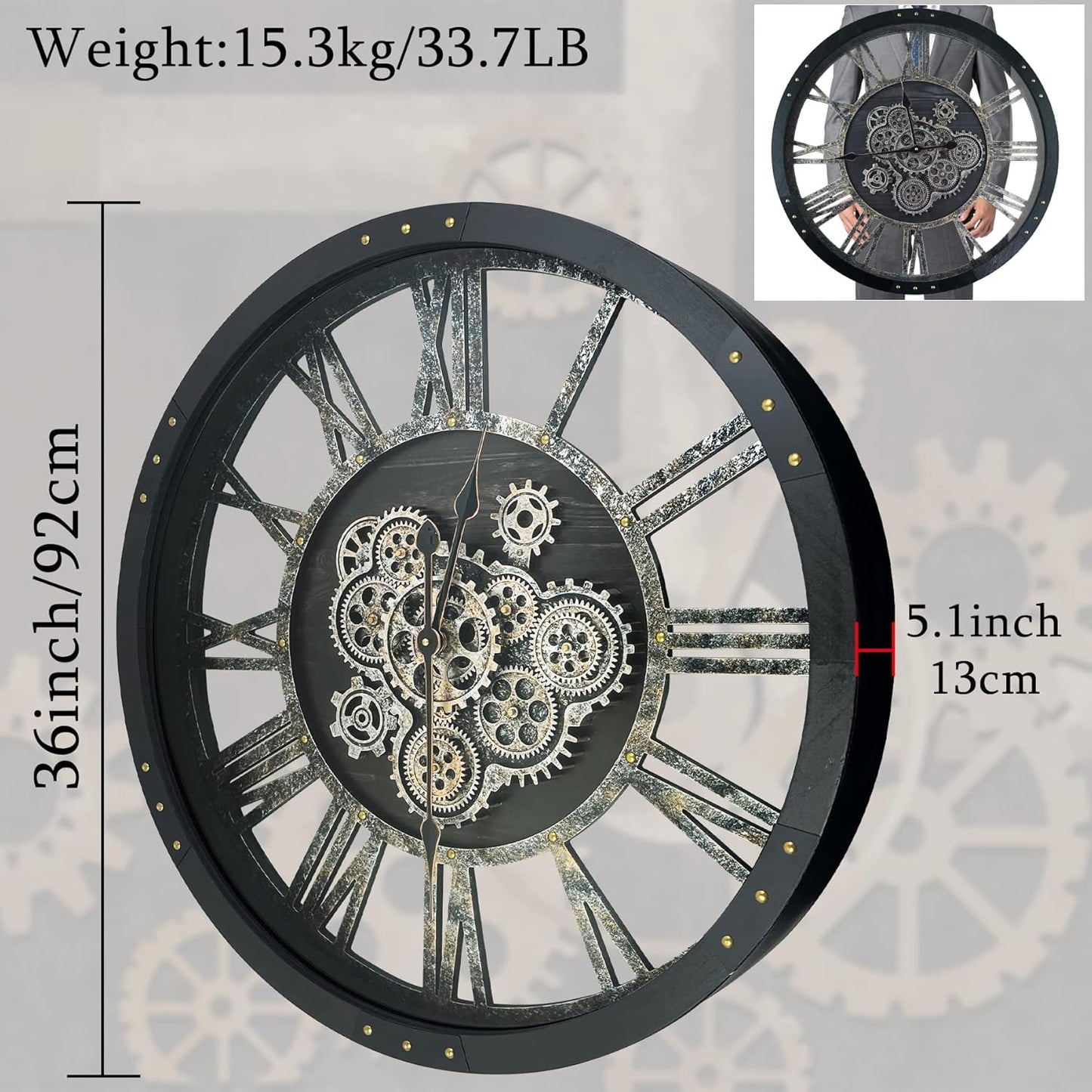 36 Inch Moving Gear Wall Clock, Oversized Wall Clocks, Clock Living Room Decor, Solid Wood Frame, Battery Operated, Large Wall Clock with Steampunk Industrial for Fireplace(Black)