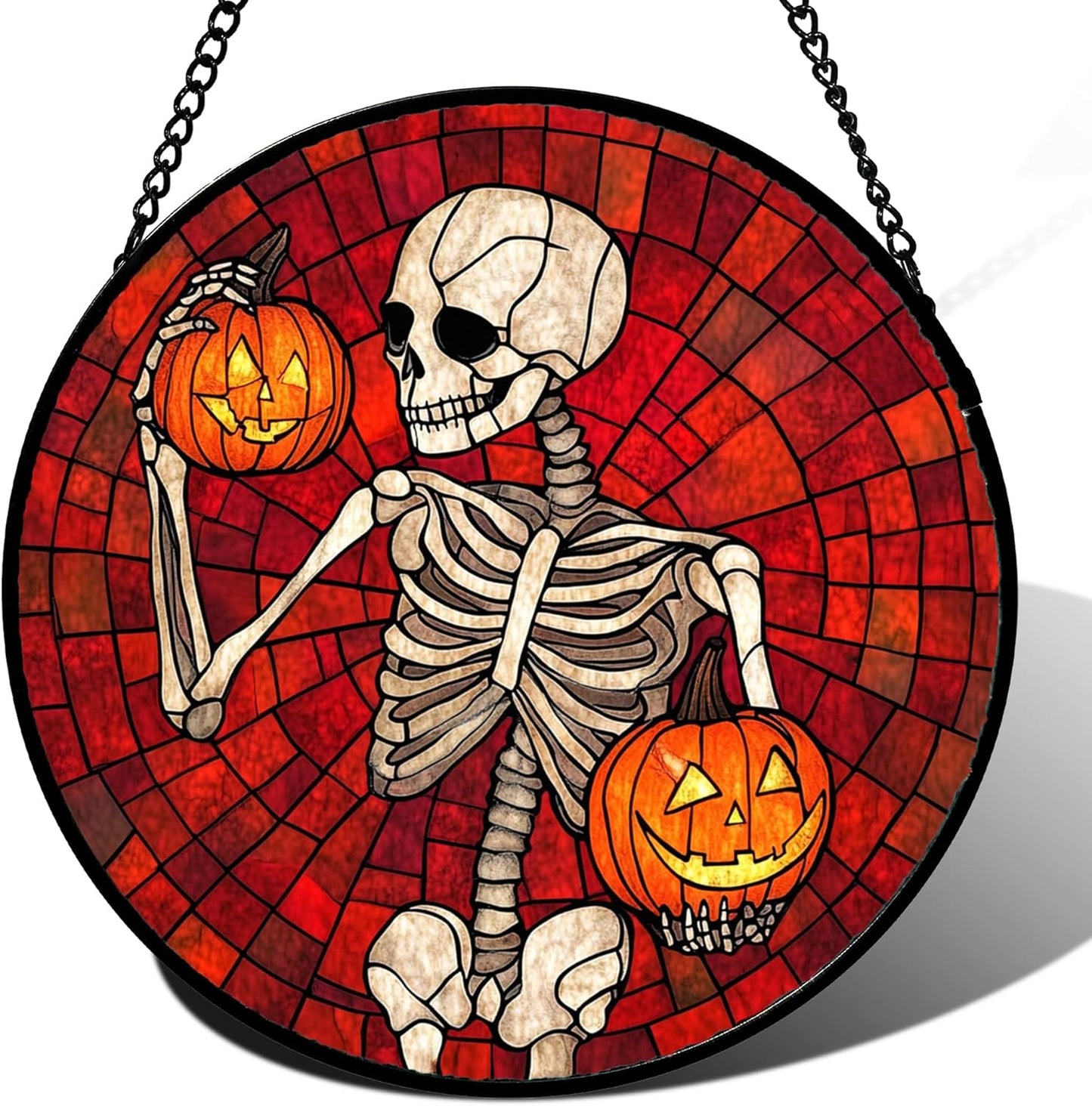 Stained Glass Window Hanging - Halloween Decorations Skeleton Pumpkin Suncatcher for Doors Garden Indoor Spooky Funny Sun Catchers Gothic Decor Horror Gifts for Women Men Friend 7.8 in