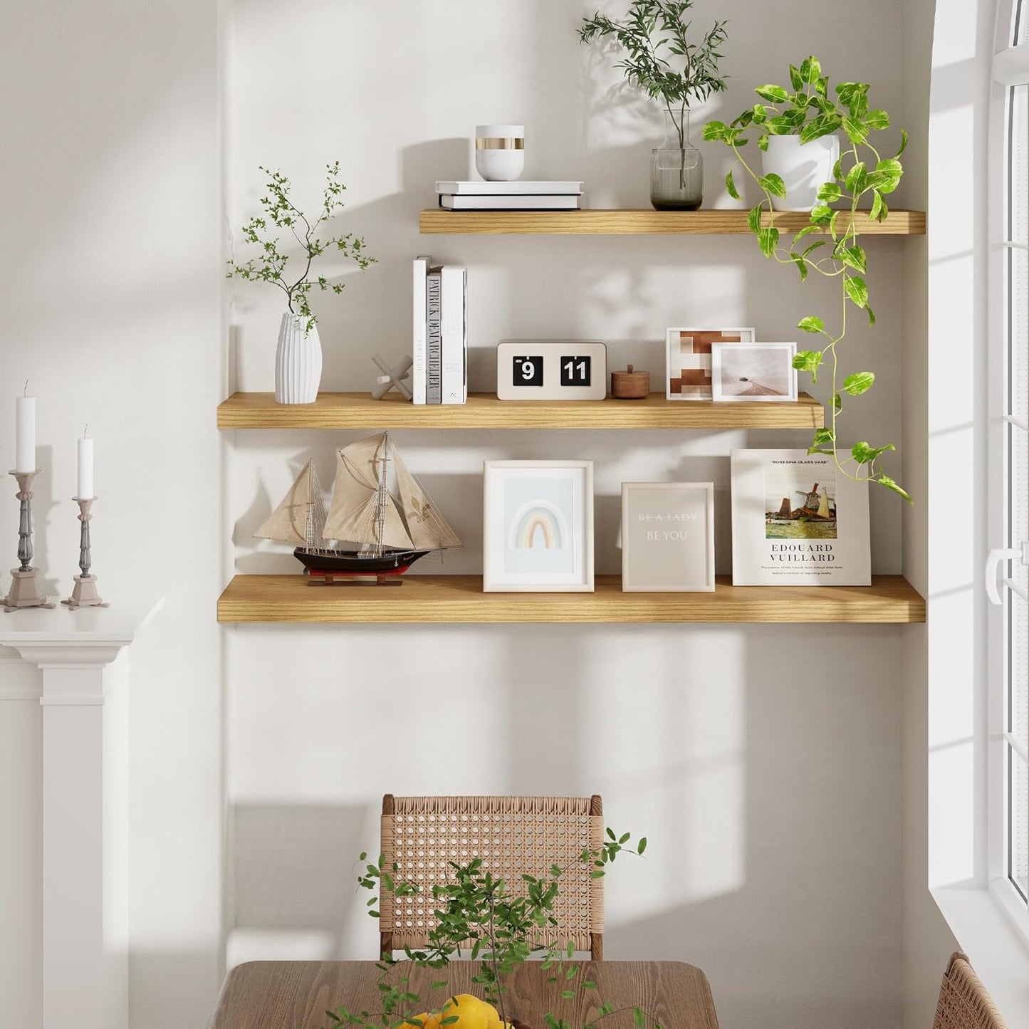 40 Inch Floating Shelvese, 40" W x 9" D Floating Shelf Set of 2, Farmhouse Wood Wall Shelves for Bedroom, Kitchen, Wall Mounted Deep Shelving for Home Decor, Oak Color