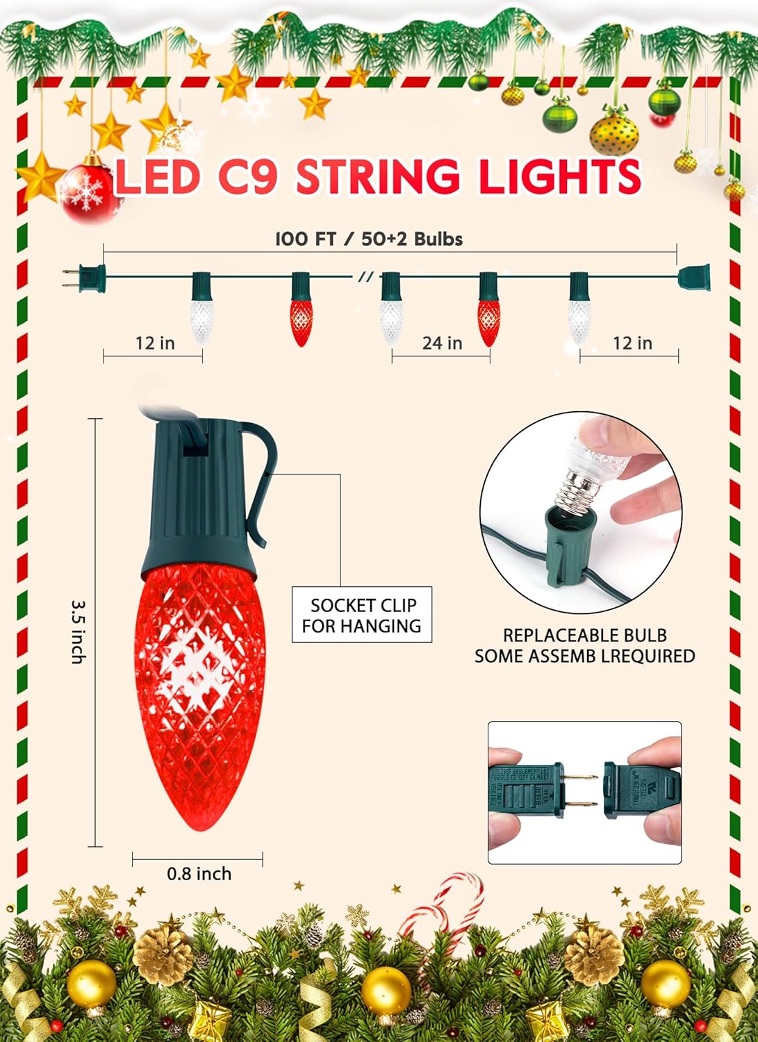 Outdoor Christmas Lights, 100 Ft LED Commercial String Lights With Red and Pure White Strawberry C9 Bulbs, Waterproof Connectable UL Certified for Indoor Home Yard Xmas Tree Decor