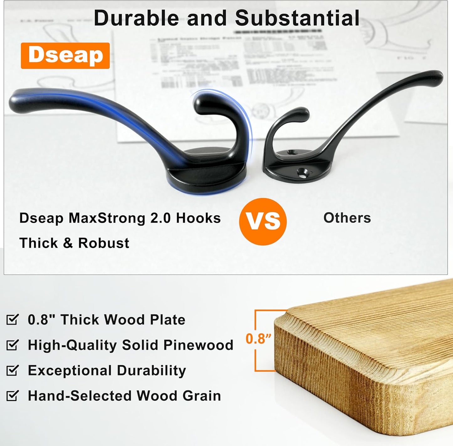 Dseap Wall Mounted Coat Rack: 38-1/4" Long, Patented, Heavy-Duty, 10-Double-Hooks Wooden Hanger Rail for Winter Coats, Hats, Jackets, Clothing - Natural & Black, Pack of 2