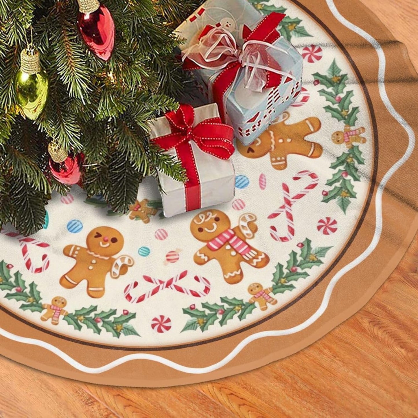 Christmas Tree Skirt,Gingerbread Xmas Tree Skirt Rustic Farmhouse Tree Skirt for Christmas Decor Xmas Holiday Home Party Decorations30