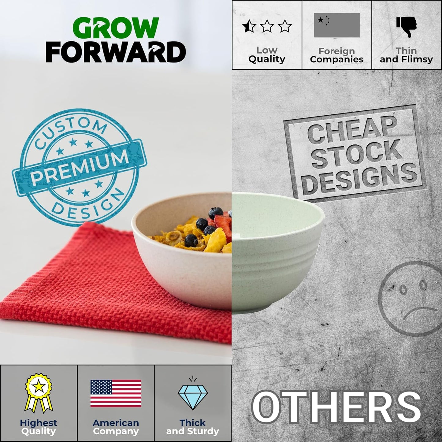 Grow Forward Premium Wheat Straw Bowls - 27oz Microwave Safe Plastic Cereal Bowls Set of 8 for Kitchen, Camping, RV, Dessert, Snack, Soup, Salad, Fruit - Reusable, Unbreakable & BPA Free - Sahara