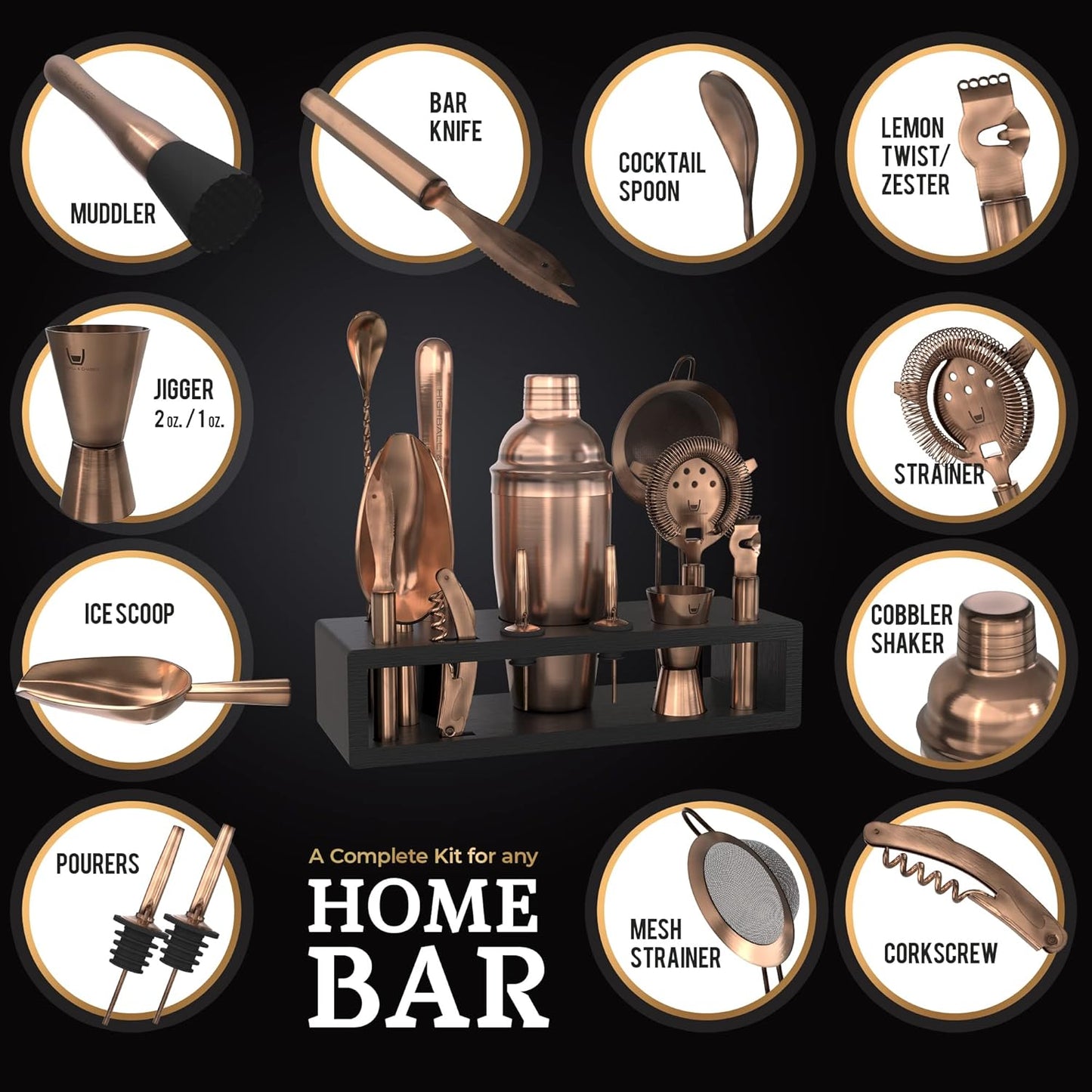 Highball & Chaser 13-Piece Cobbler Cocktail Shaker Set Matte Copper Stainless Steel Bartender Kit For Home Bar Cocktail Set Laser Engraved Cocktail Tools Plus E-Book with 30 Different Cocktail Recipes