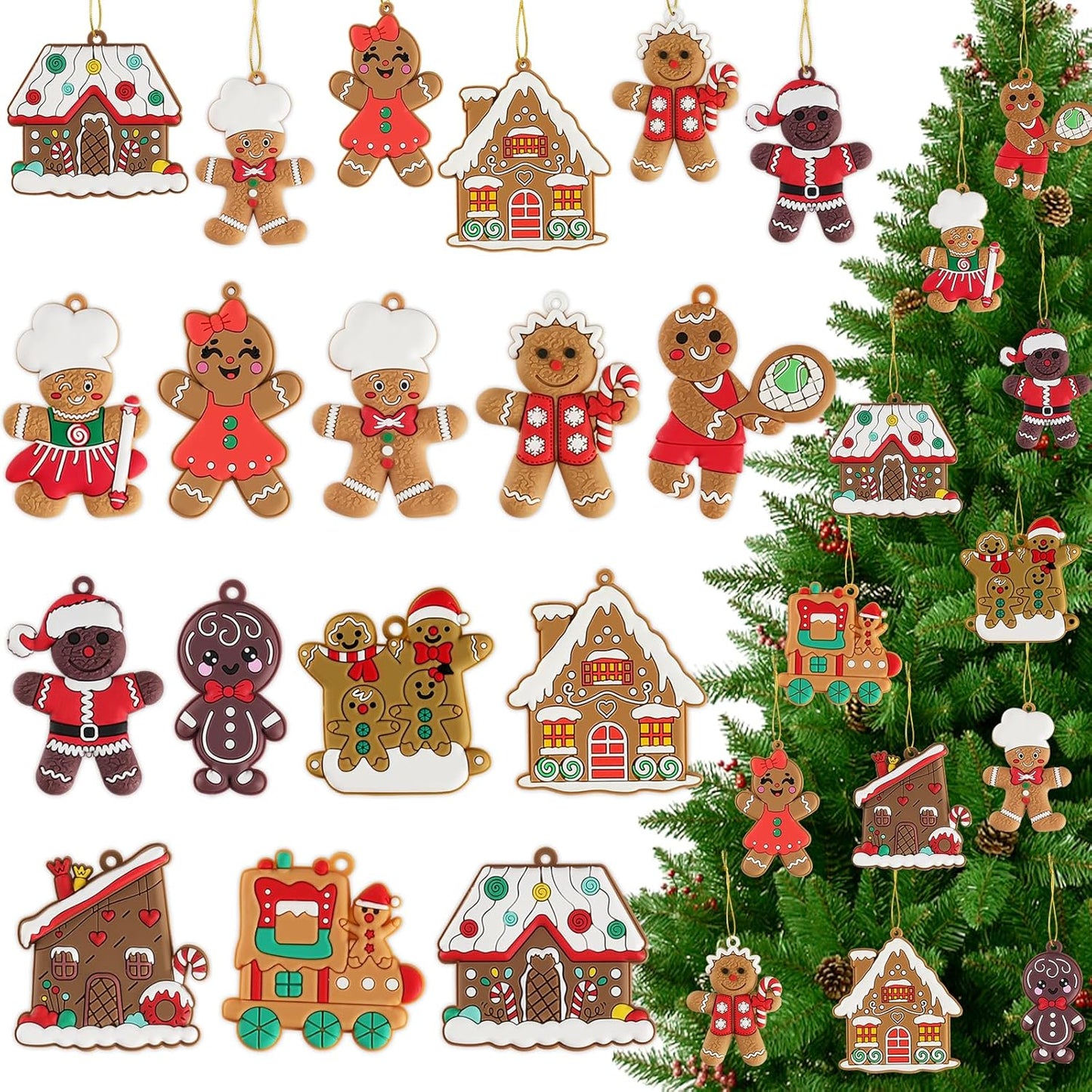 12pcs Gingerbread Man Ornaments for Christmas Tree, Assorted Gingerbread Figurines Decorations with Gingerbreads House Ornaments for Holiday Christmas Tree Home Decor